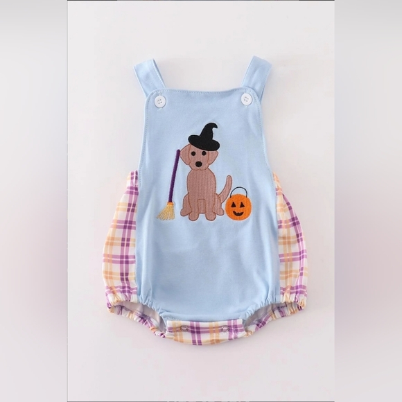 Abby & Evie Boy's Boutique Blue Halloween Witch Dog Embroidered Romper 9M - Picture 1 of 3